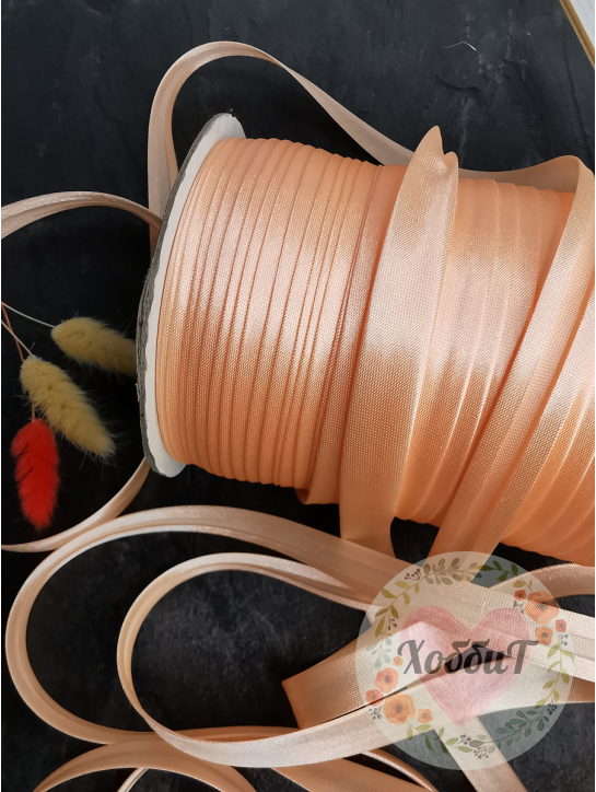 Косая бейка атласная 1,5см (персиковый) №97377, ОСТАТОК ОТРЕЗ 8,5 метра